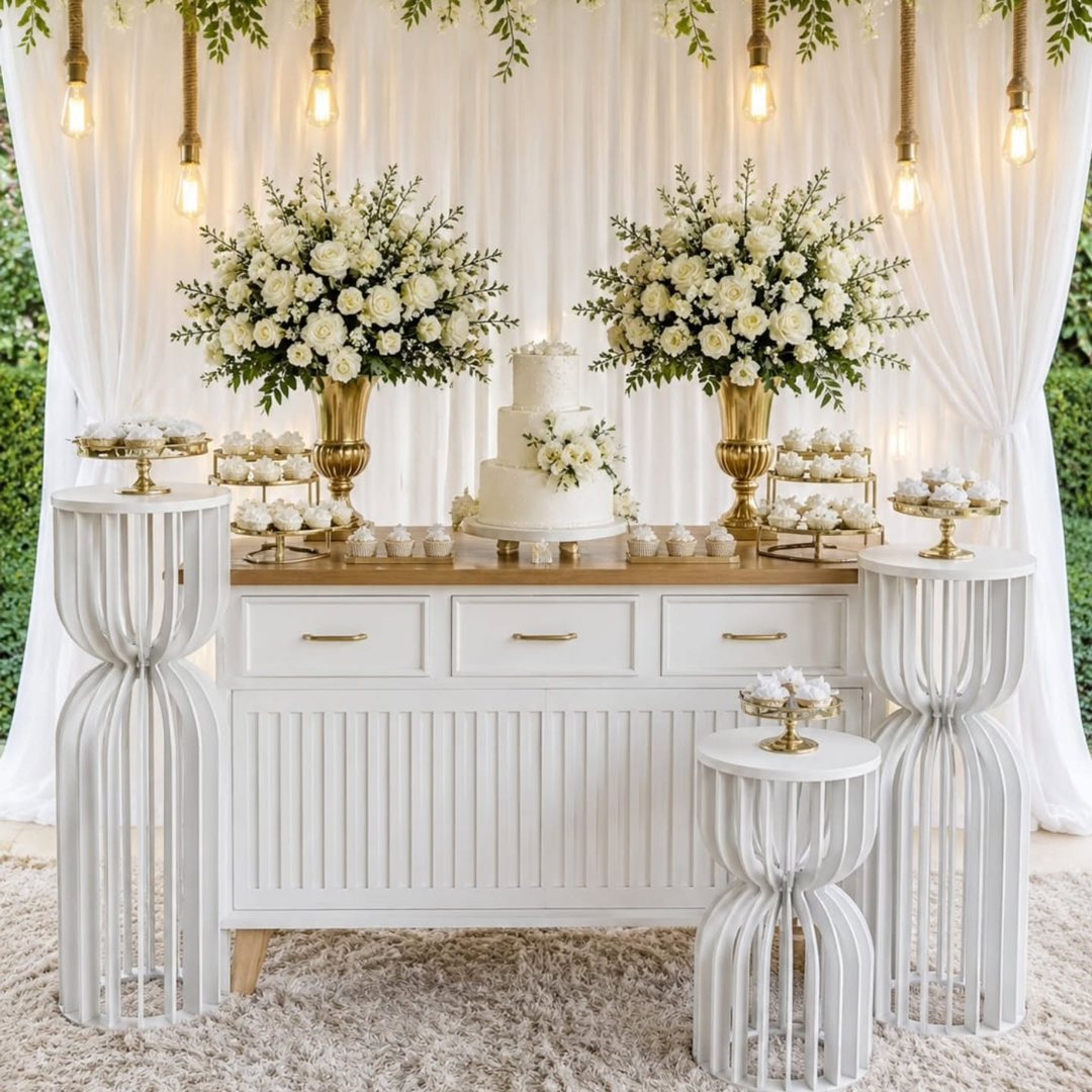Mesa de bolo branca e dourada com arranjos de flores